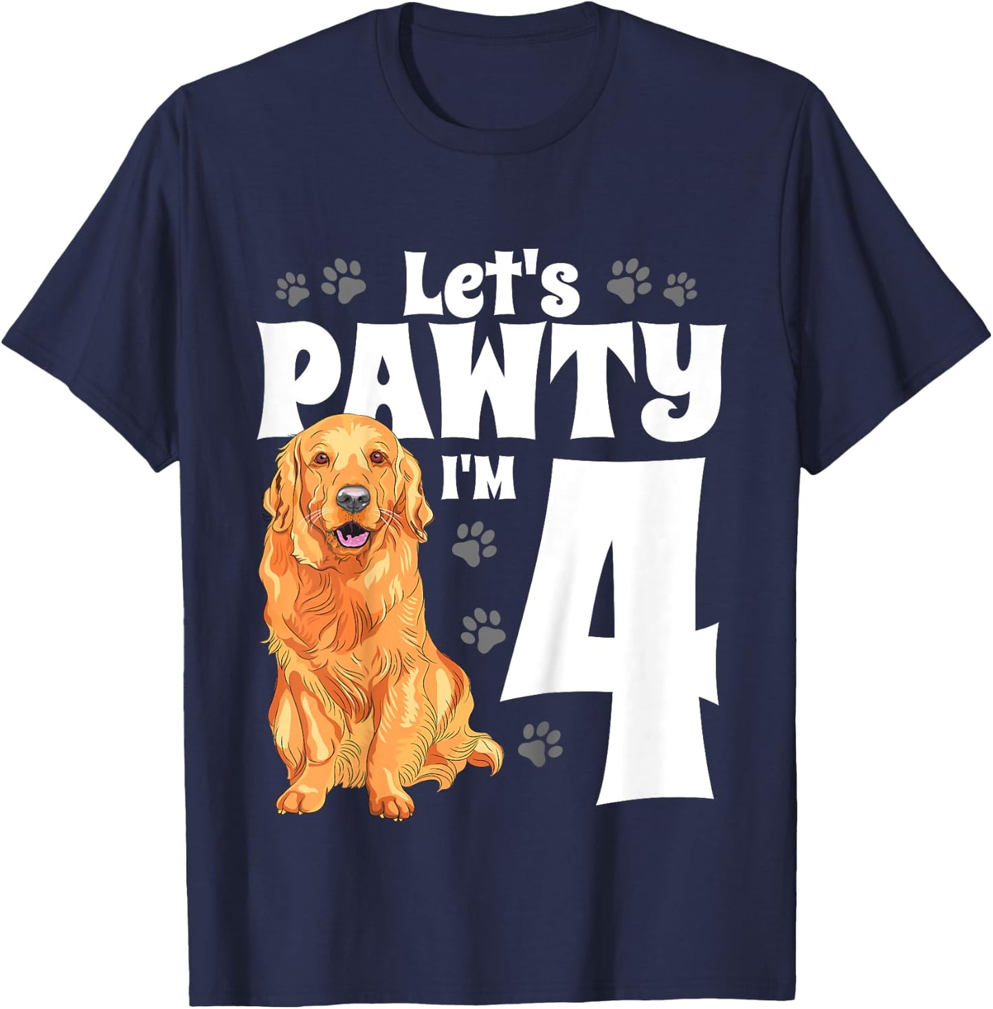 Kids 4 Year Old Golden Retriever Dog Birthday Pawty Dogs 4th Gift T-Shirt - T-Shirt | Navy