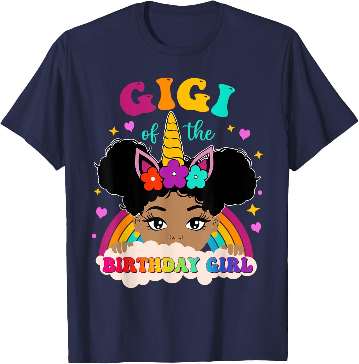 Gigi of The Birthday Girl Rainbow Afro Melanin Unicorn T-Shirt - T-Shirt | Navy