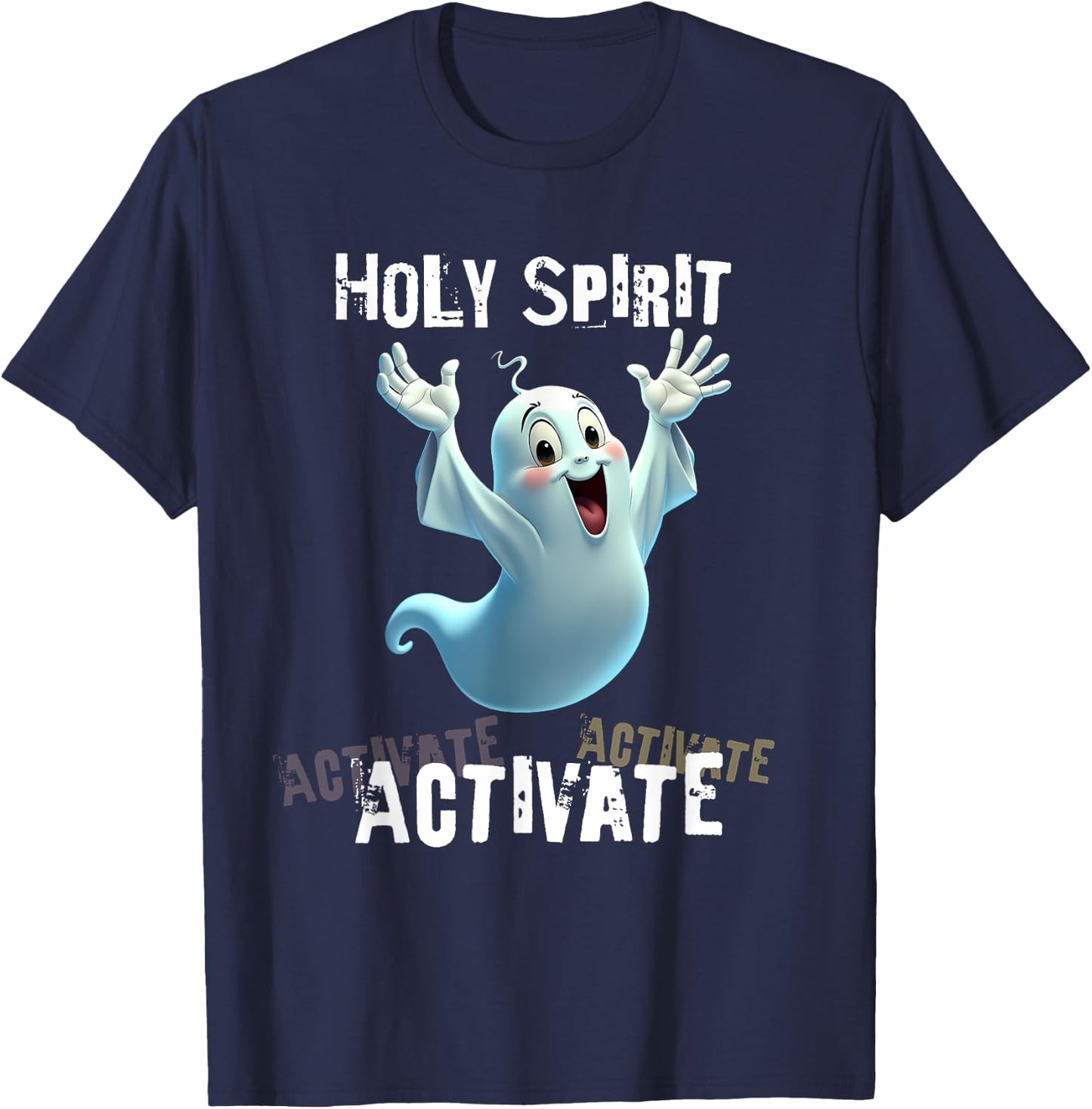 Holy Spirit Activate Meme | Funny Christian Cartoon Ghost T-Shirt - T-Shirt | Navy