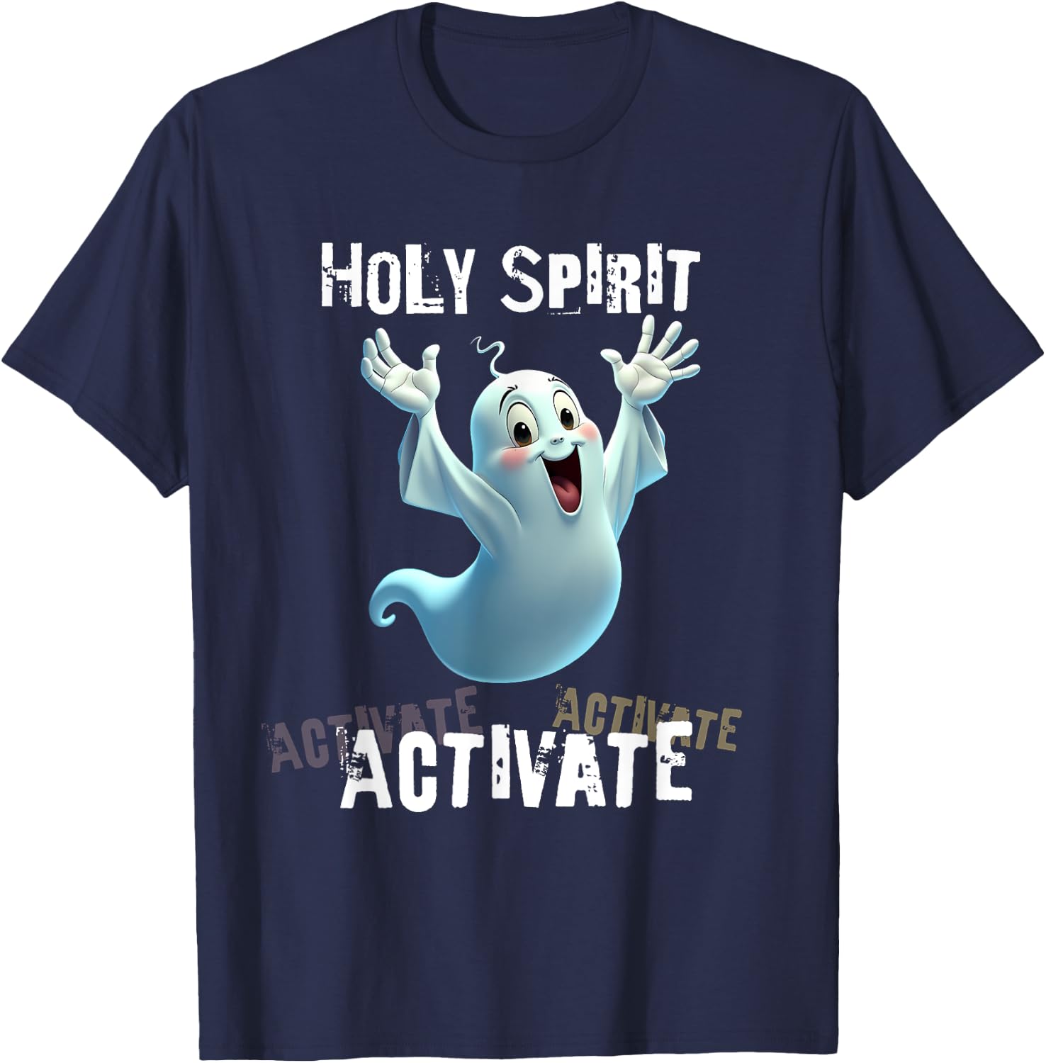 Holy Spirit Activate Meme | Funny Christian Cartoon Ghost T-Shirt - T-Shirt | Navy