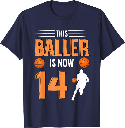 14th Birthday Basketball T Shirt - This Baller Is Now 14 T-Shirt - T-Shirt | Navy