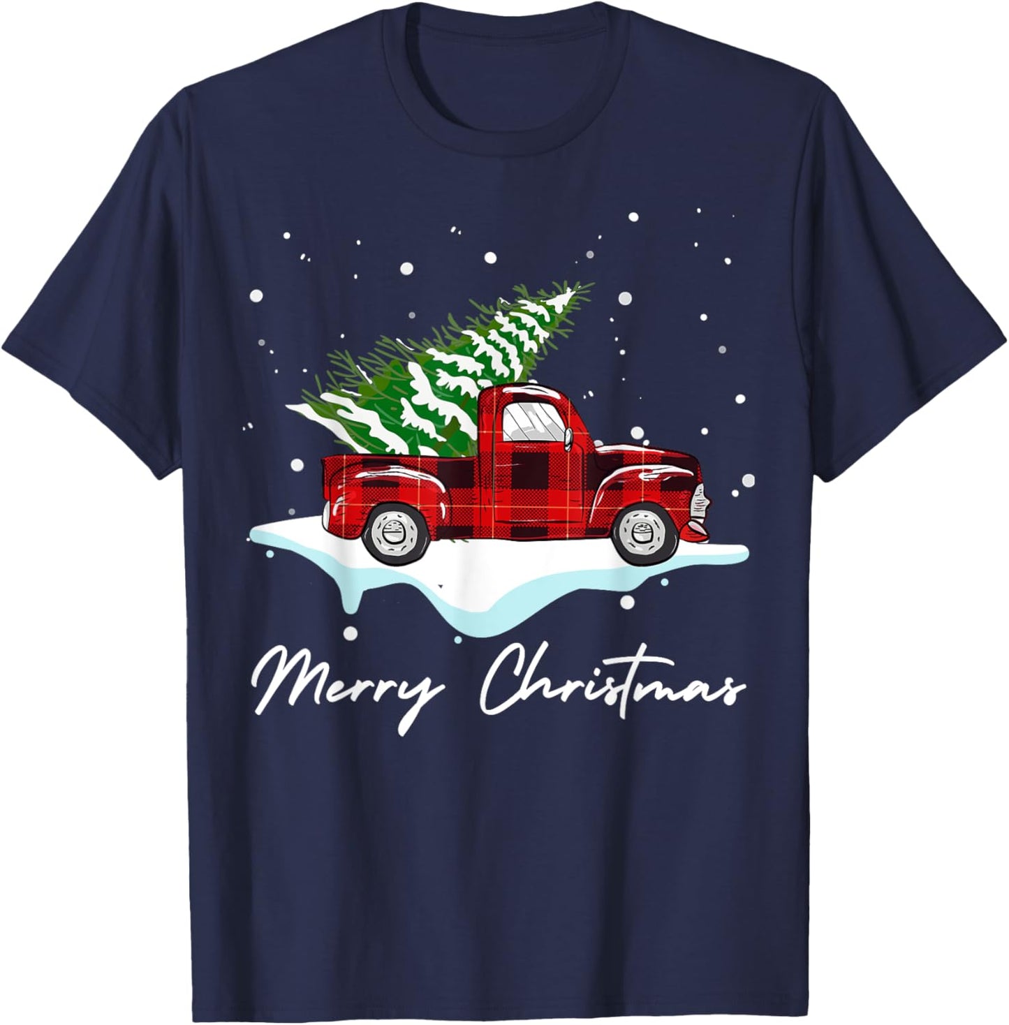 Buffalo Red Plaid Pickup Truck and Tree Snow Merry Christmas T-Shirt - T-Shirt | Navy