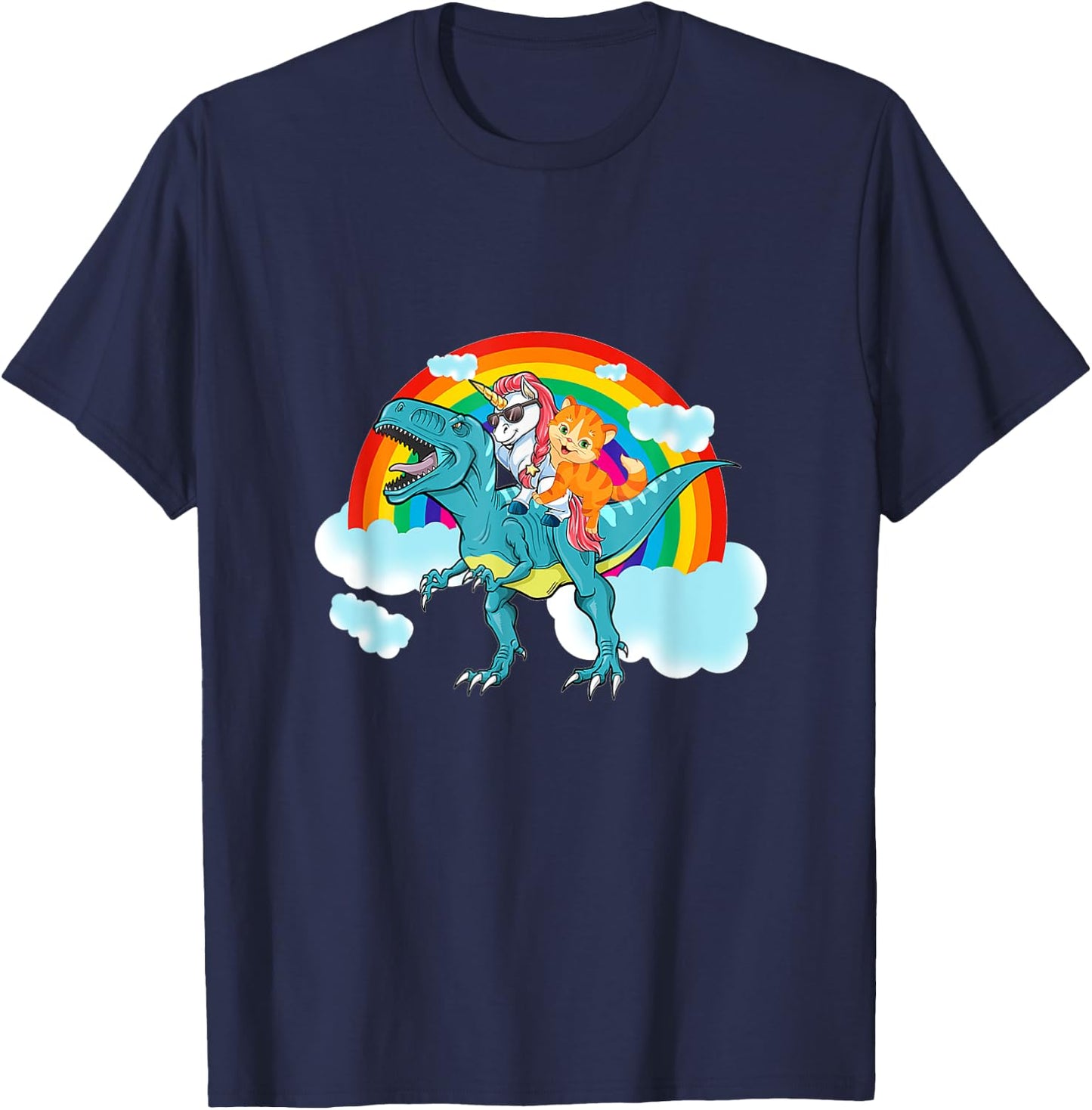 Unicorn Riding Dinosaur Rex Cat Kitten Boys Girls Kids T-Shirt - T-Shirt | Navy