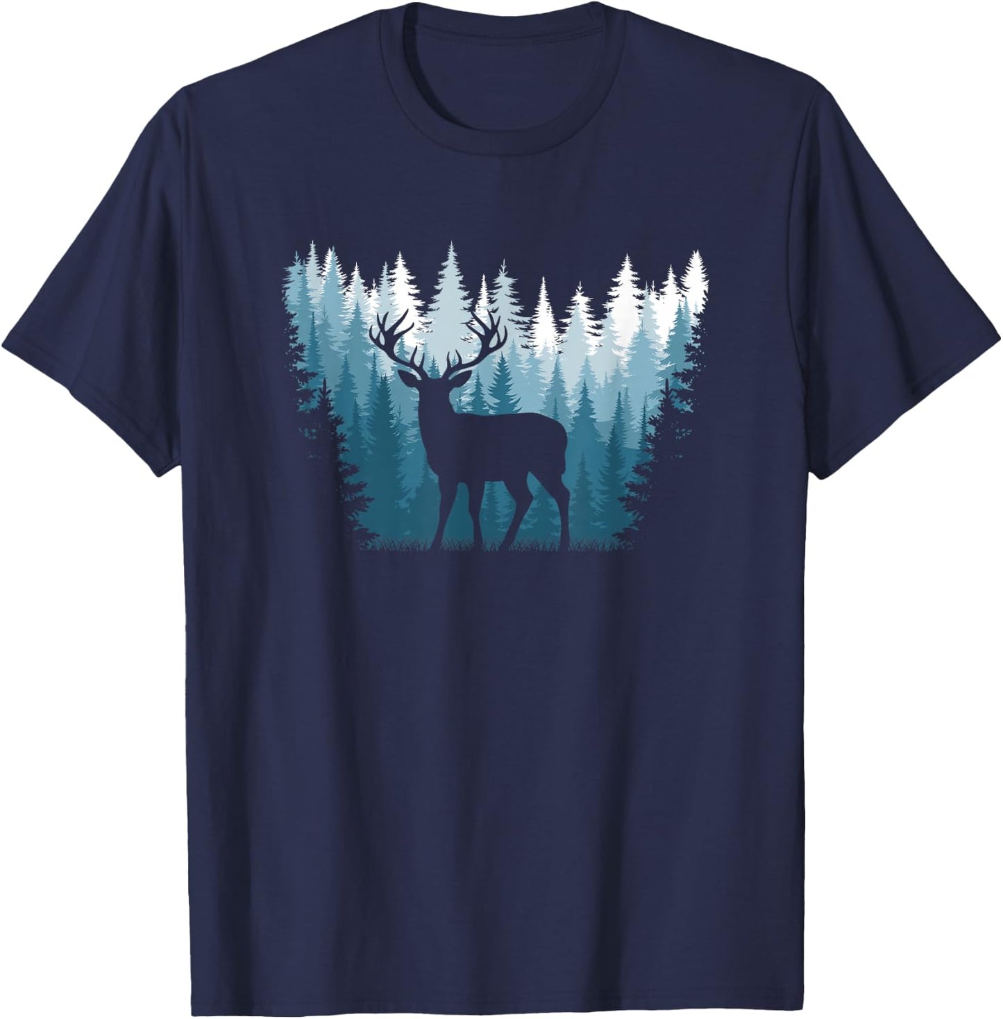 Deer Landscape Pine Tree Forest Nature Graphic Men Women T-Shirt - T-Shirt | Navy