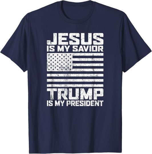 "Jesus is my Savior - Trump is my President" vintage white T-Shirt - T-Shirt | Navy