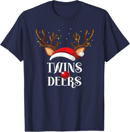 Twins Deers Family Matching Christmas Reindeer Party T-Shirt - T-Shirt | Navy