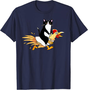 Tuxedo Cat Riding a Chicken Women Catfather T-Shirt - T-Shirt | Navy