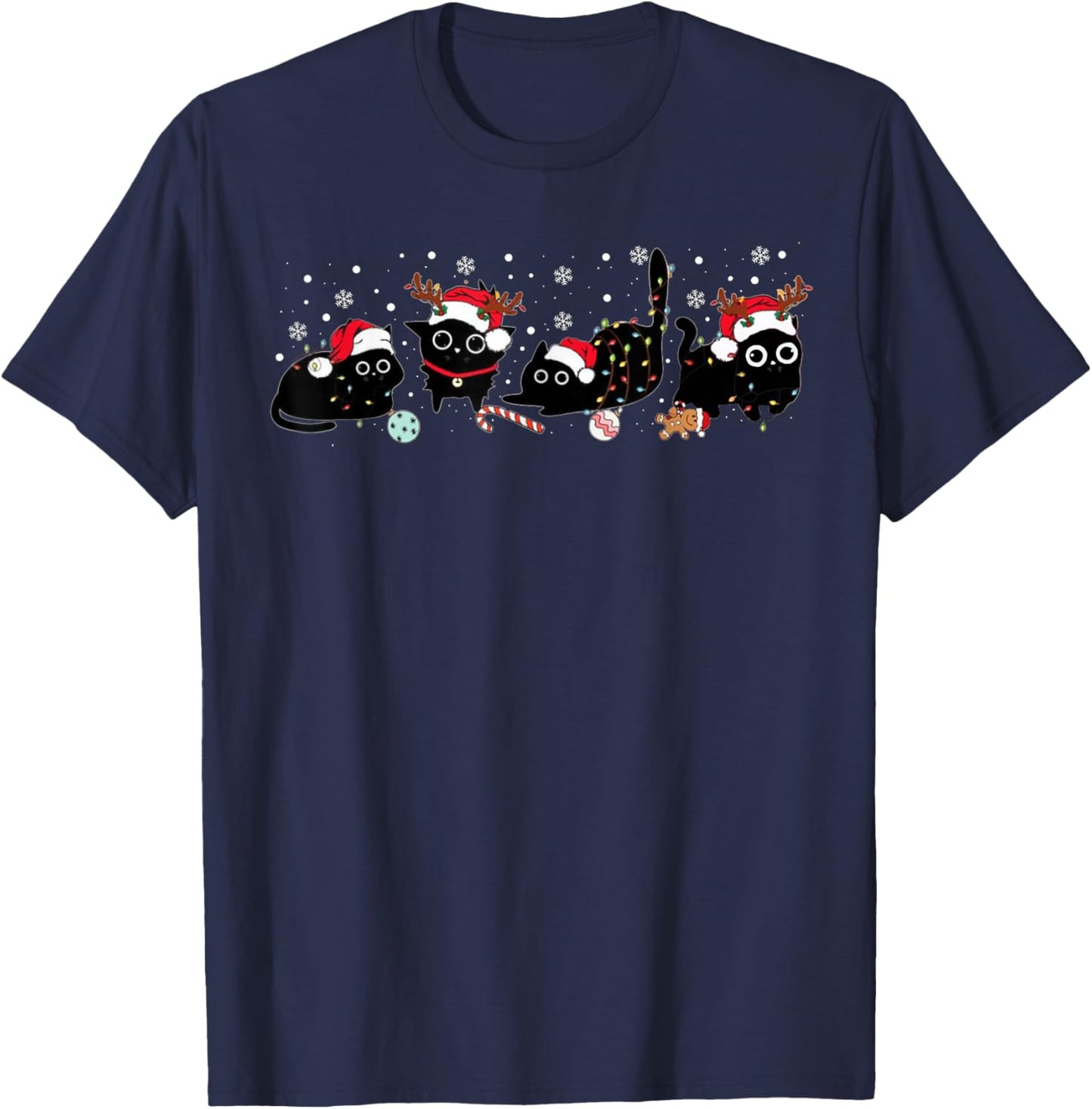 Cute Cats Santa Reindeer Funny Christmas Lights Cat Lover PJ T-Shirt - T-Shirt | Navy