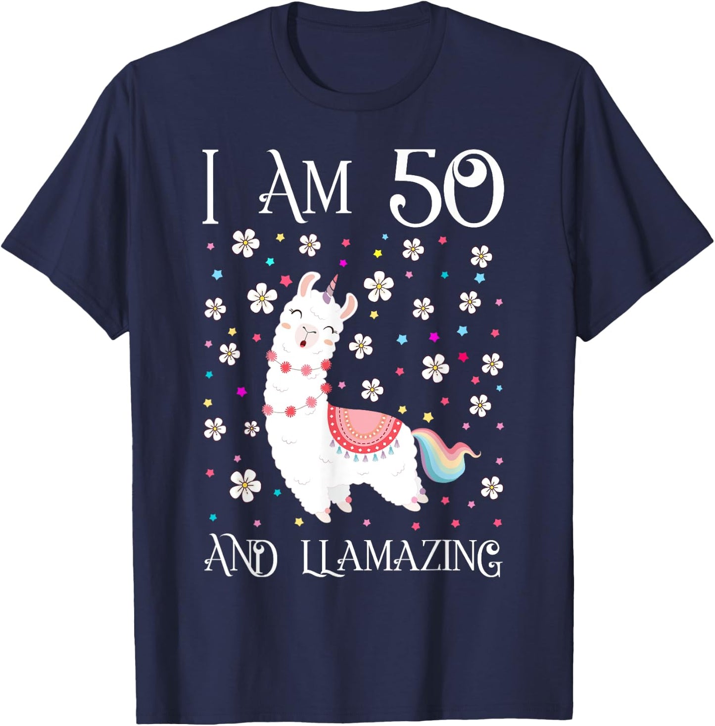 I am 50 Years Old Llamazing Cute Llama 50th Girl Birthday T-Shirt - T-Shirt | Navy