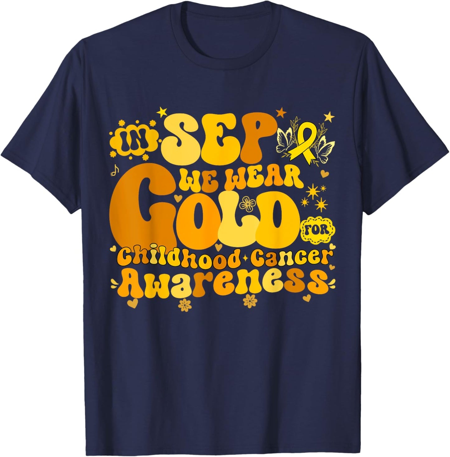 In September We Wear Gold Childhood Cancer Awareness Groovy T-Shirt - T-Shirt | Navy