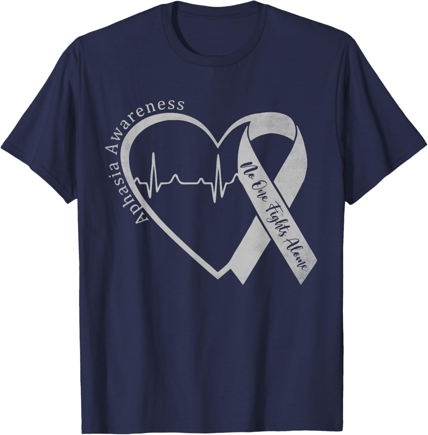 Aphasia Awareness Heart Gray Ribbon Support Family Matching T-Shirt - T-Shirt | Navy