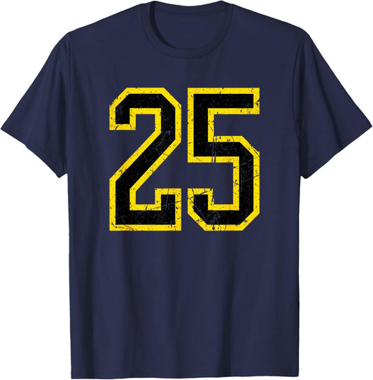 Vintage Number #25 Yellow Black Varsity Number T-Shirt - T-Shirt | Navy