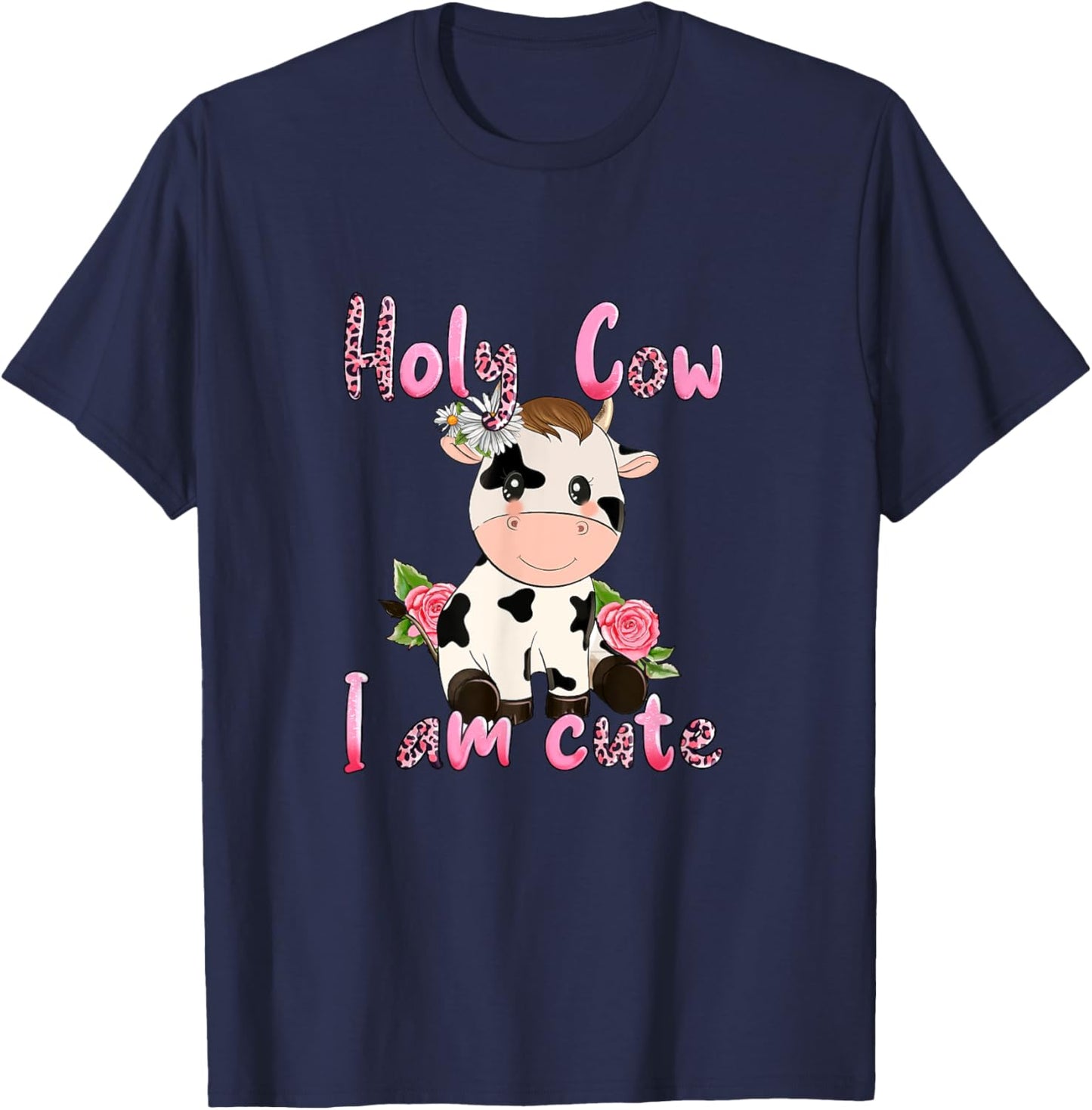 Pink Vintage Holy Cow I'm Cute Moo Cow Mama Leopard Floral T-Shirt - T-Shirt | Navy