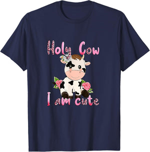 Pink Vintage Holy Cow I'm Cute Moo Cow Mama Leopard Floral T-Shirt - T-Shirt | Navy