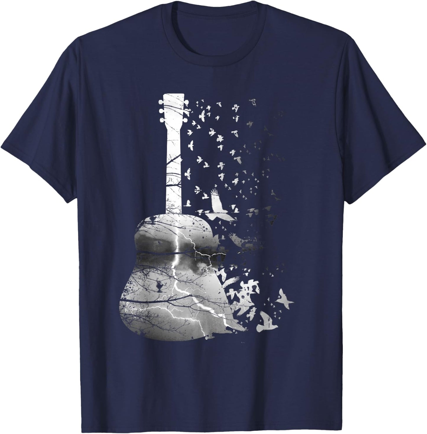 Awesome Nature Guitar Shirt With Tree, Thunder And Birds T-Shirt - T-Shirt | Navy