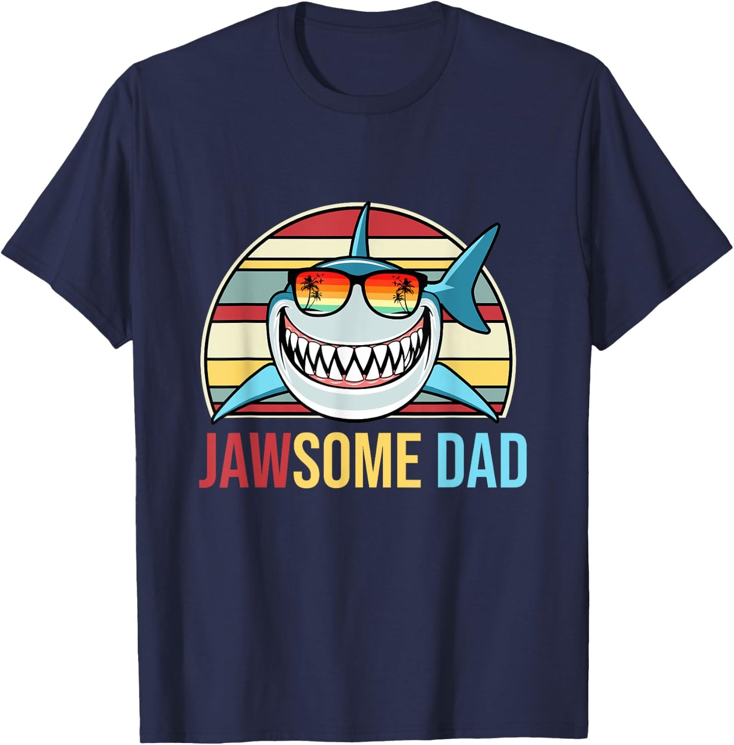 Retro Jawsome Dad Shark Funny Fathers Day Family Daddy Papa T-Shirt - T-Shirt | Navy