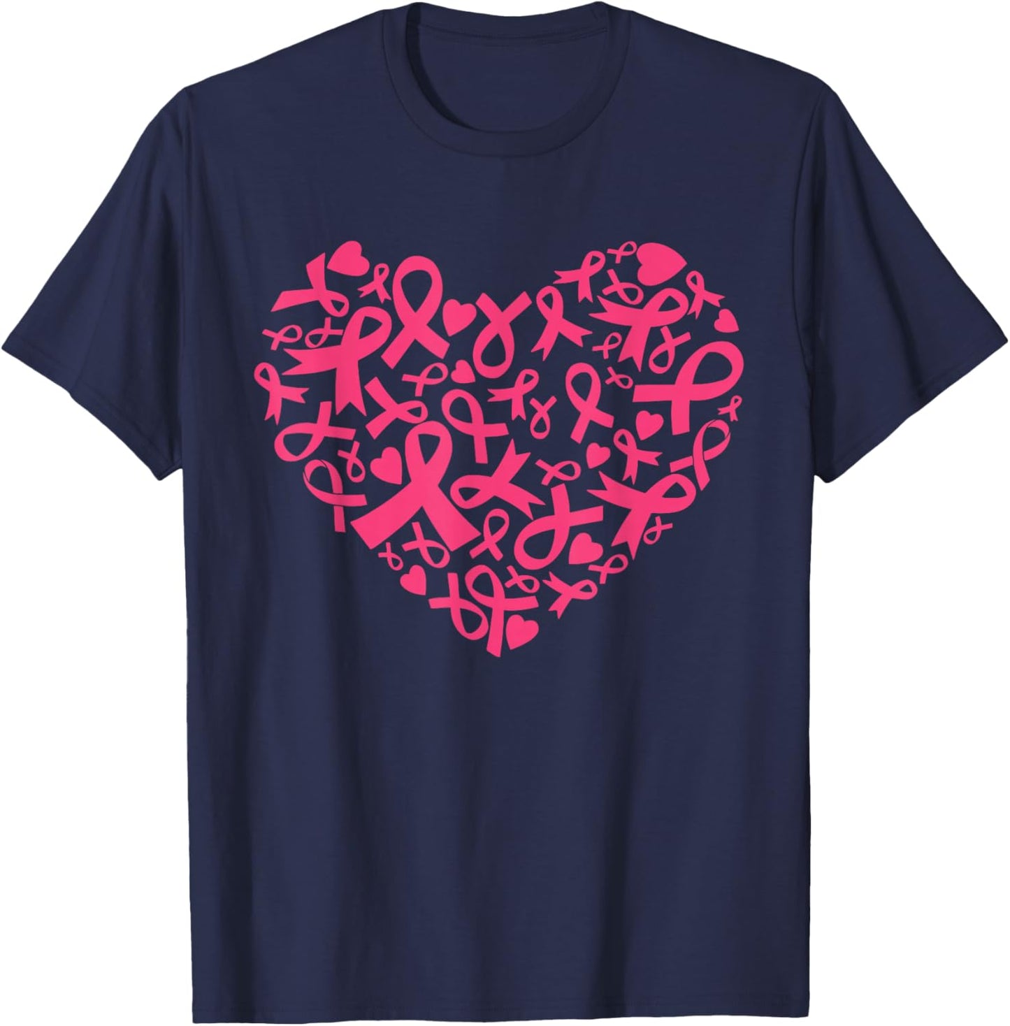 Breast Cancer Awareness Heart Ribbon Pink Support T-Shirt - T-Shirt | Navy