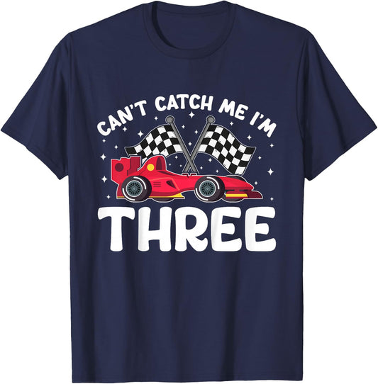 Can’t Catch Me I’m 3, Kids 3rd Birthday Red Racing Car T-Shirt - T-Shirt | Navy