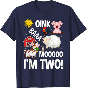 Farm Animals 2nd Birthday 2 Year Old Birthday Party T-Shirt - T-Shirt | Navy