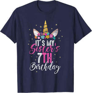 Its My Sisters 7th Birthay Gift Girl Unicorn Birthday T-Shirt - T-Shirt | Navy