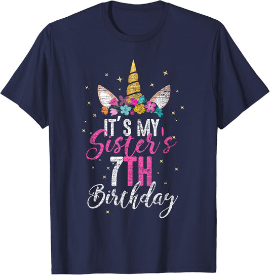 Its My Sisters 7th Birthay Gift Girl Unicorn Birthday T-Shirt - T-Shirt | Navy
