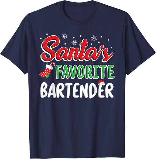Santa's Favorite Bartender T Shirt Cute Xmas Party Drinking