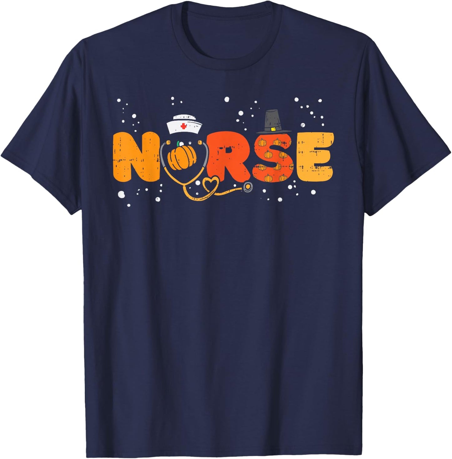 Thanksgiving Nurse Stethoscope Autumn Fall Scrub Top Women T-Shirt - T-Shirt | Navy