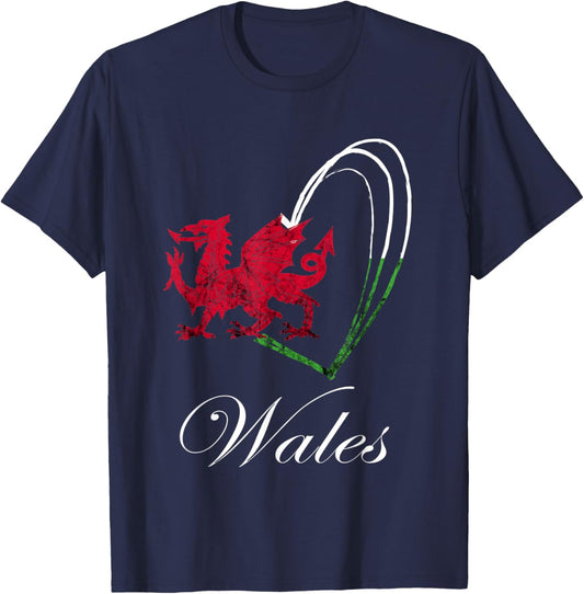 Welsh Dragon Wales Welsh Roots Welsh Flag Heart Ddraig Goch T-Shirt - T-Shirt | Navy