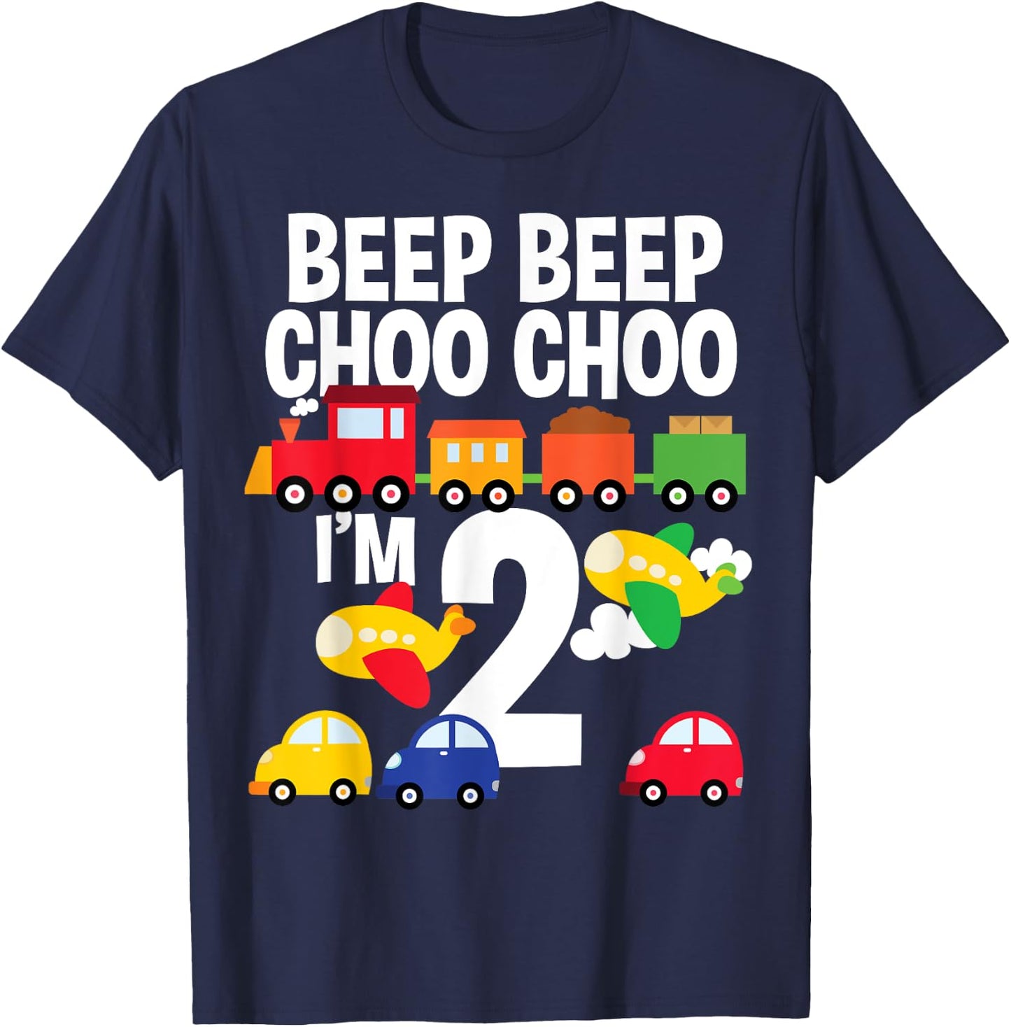 I'm 2 Birthday Boy 2nd Bday Trains Cars Airplanes T-Shirt - T-Shirt | Navy