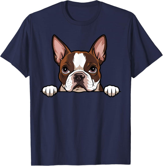Cute Boston Terrier Peeking Puppy Funny Bostie Dog Lover T-Shirt - T-Shirt | Navy