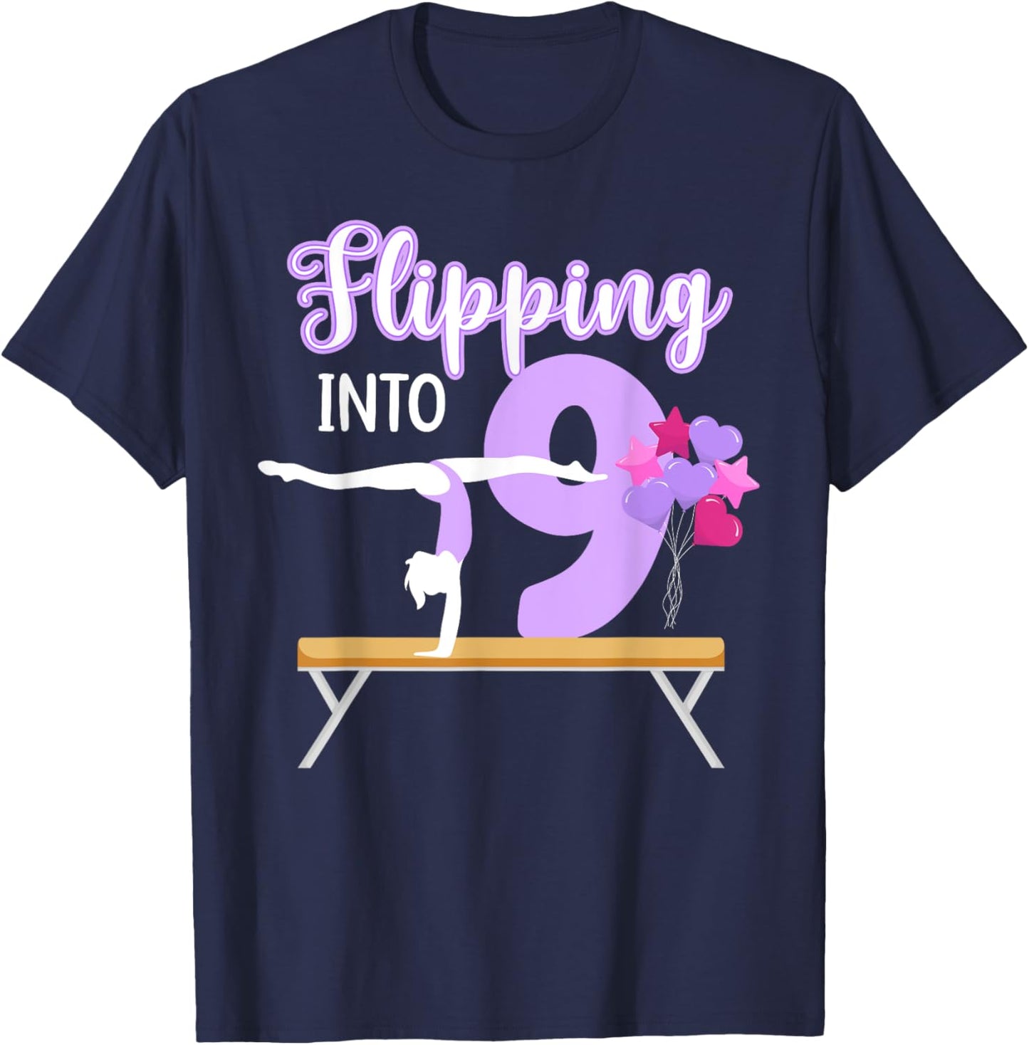 9th Gymnastics Birthday Party Nine Year Old Gymnast Girl T-Shirt - T-Shirt | Navy
