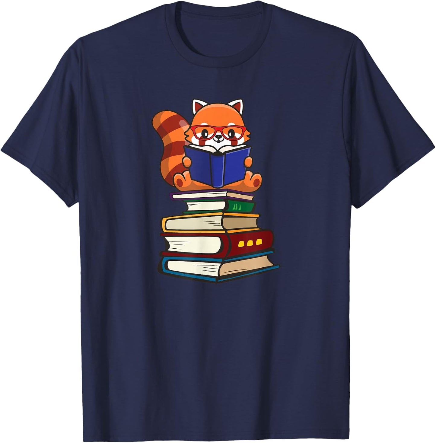 Cute Kawaii Kids Reading Books Glasses Red Panda Lover T-Shirt - T-Shirt | Navy
