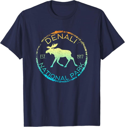 Denali National Park Alaska Retro Moose Hiker Souvenir T-Shirt - T-Shirt | Navy