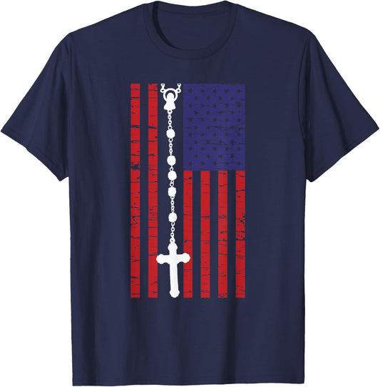 American Flag Rosary Catholic T-Shirt - T-Shirt | Navy