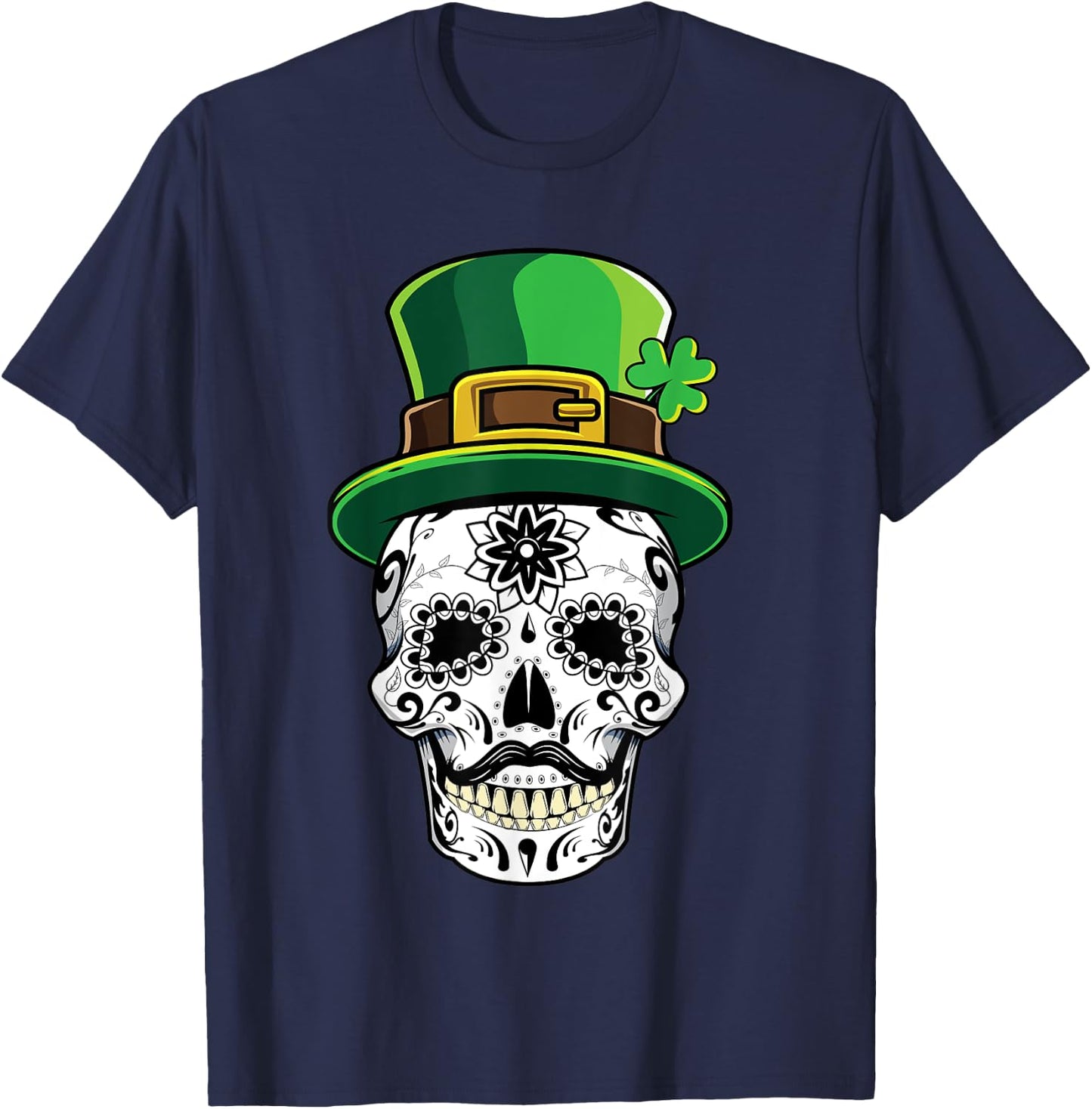 Four Leaf Clover Shamrock Sugar Skull St Patricks Day Gift T-Shirt - T-Shirt | Navy
