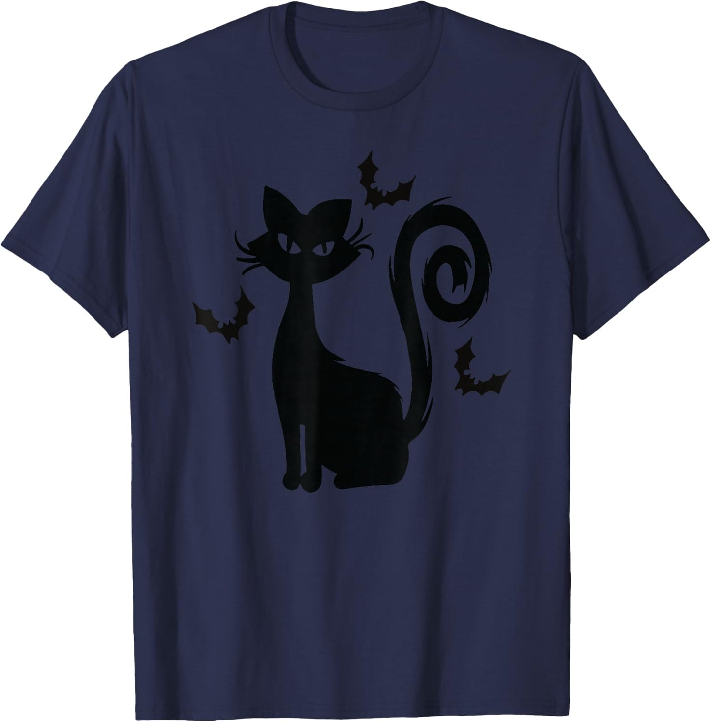 Black Cute Cat With Bats Funny Spooky T-Shirt - T-Shirt | Navy