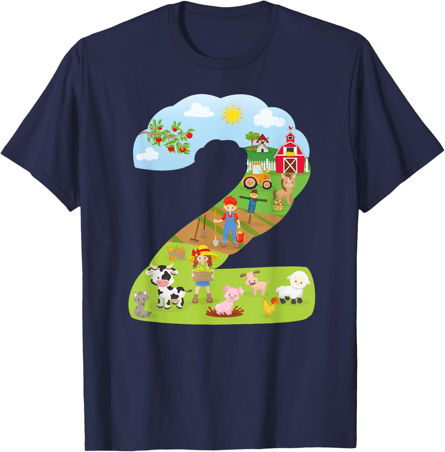 Farm Animals second birthday Party theme number two T-Shirt - T-Shirt | Navy
