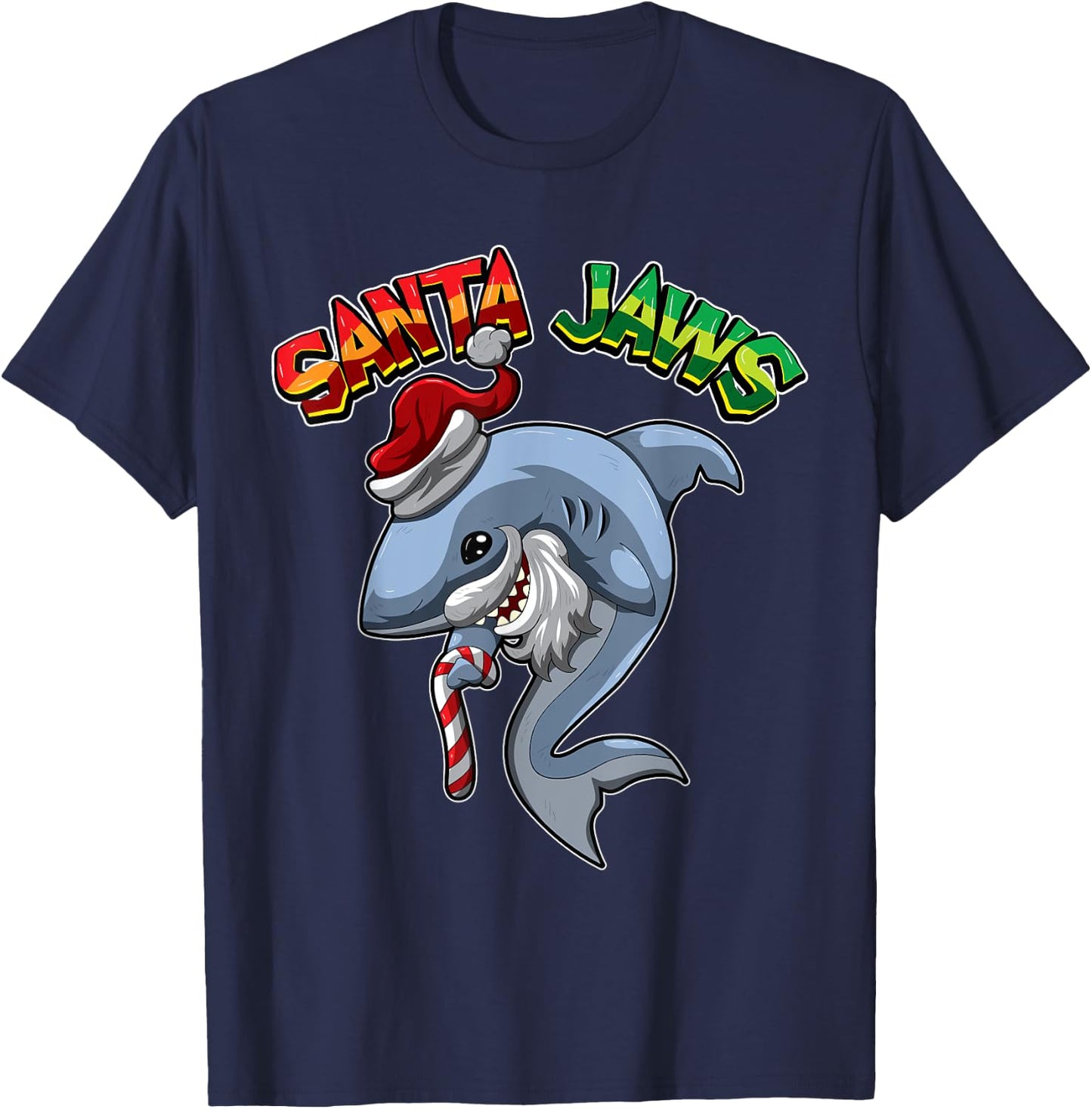 Santa Jaws - Shark Dressed As Santa Claus - Xmas Pun T-Shirt - T-Shirt | Navy