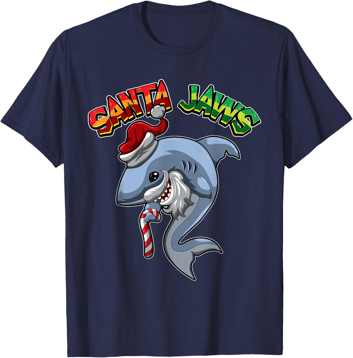 Santa Jaws - Shark Dressed As Santa Claus - Xmas Pun T-Shirt - T-Shirt | Navy