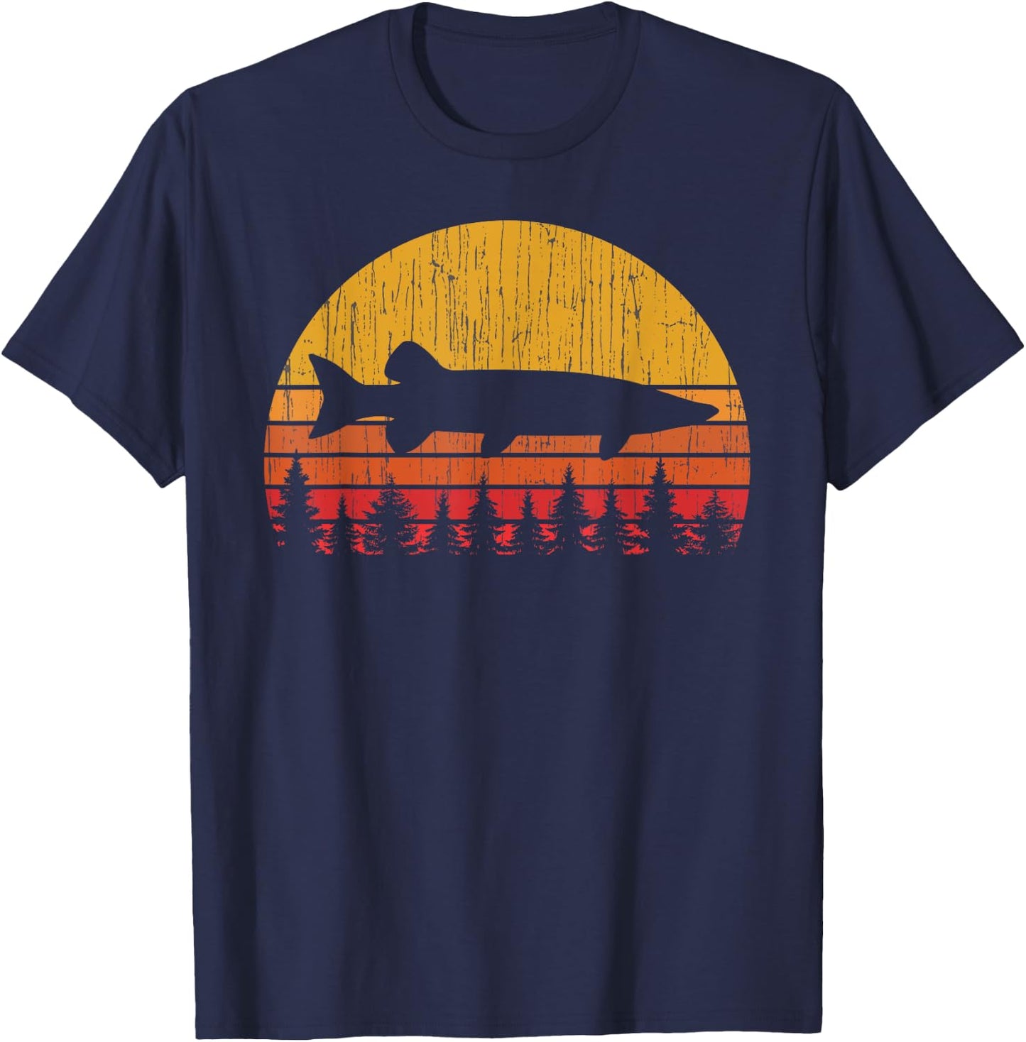 Muskie Fishing Retro Musky Fisherman Treeline Sunset T-Shirt - T-Shirt | Navy