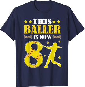 This Baller Is Now 8 Year Old Birthday Girl Softball 8th T-Shirt - T-Shirt | Navy