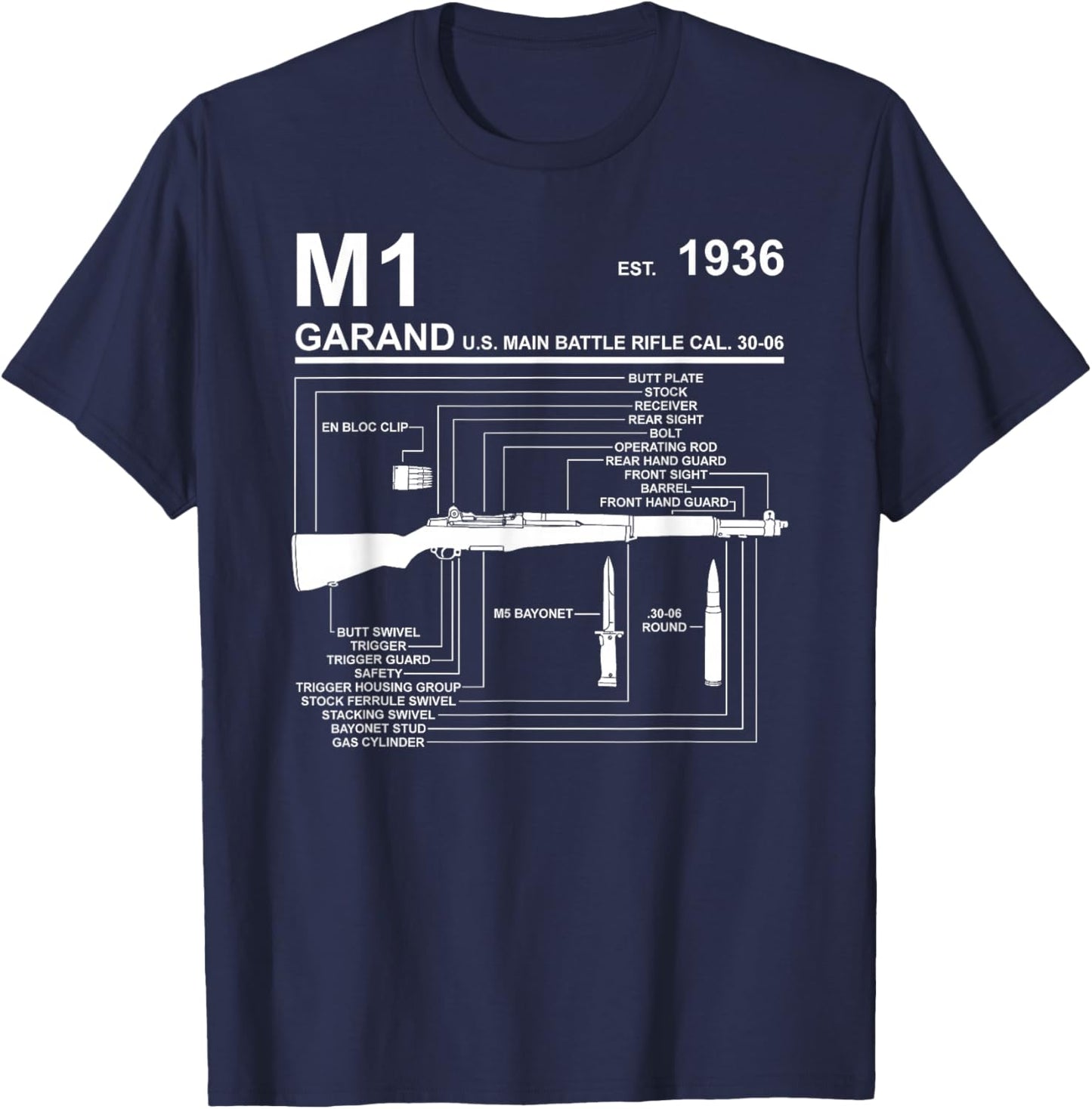 Dinosaurus Rekx M1 Garand Rifle Gun WWII Graphic - Black, , Short Sleeve, Classic Fit, Cotton 65% Polyester 35%, Small T-Shirt - T-Shirt | Navy