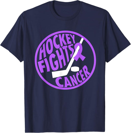 Funny Hockey Fights Cancer Purple Ribbon Gift T-Shirt - T-Shirt | Navy