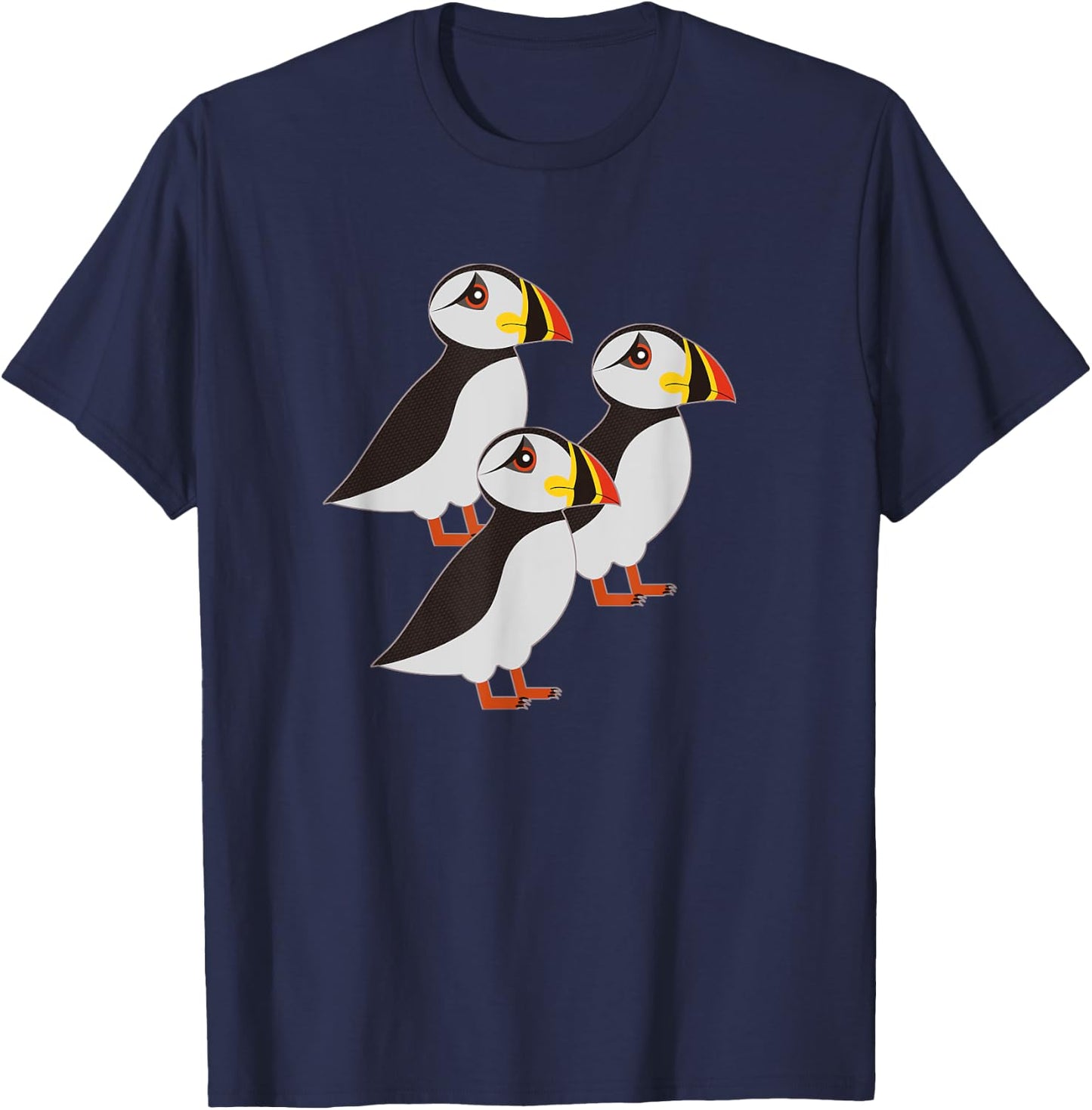 Three Puffin Bird Colorful Beak Coastal T-Shirt - T-Shirt | Navy