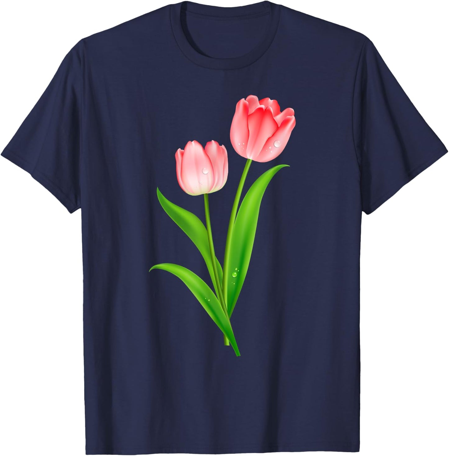 Beautiful Pink Tulip Flower Couple Graphic Artwork T-Shirt - T-Shirt | Navy