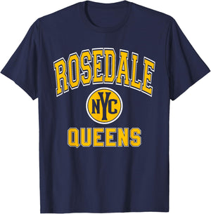 Rosedale Queens Text NYC Circle Amber Print T-Shirt - T-Shirt | Navy