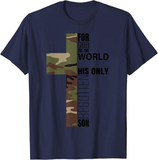 Green Camo Christian Cross Gifts Men John 3 16 Bible Verse Premium T-Shirt - T-Shirt | Navy