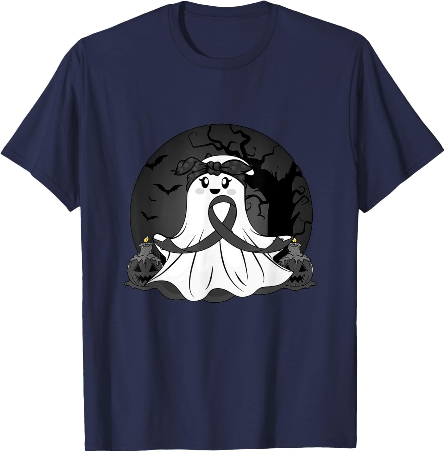 Melanoma Cancer Halloween Ghost Black Ribbon Warrior Month T-Shirt - T-Shirt | Navy