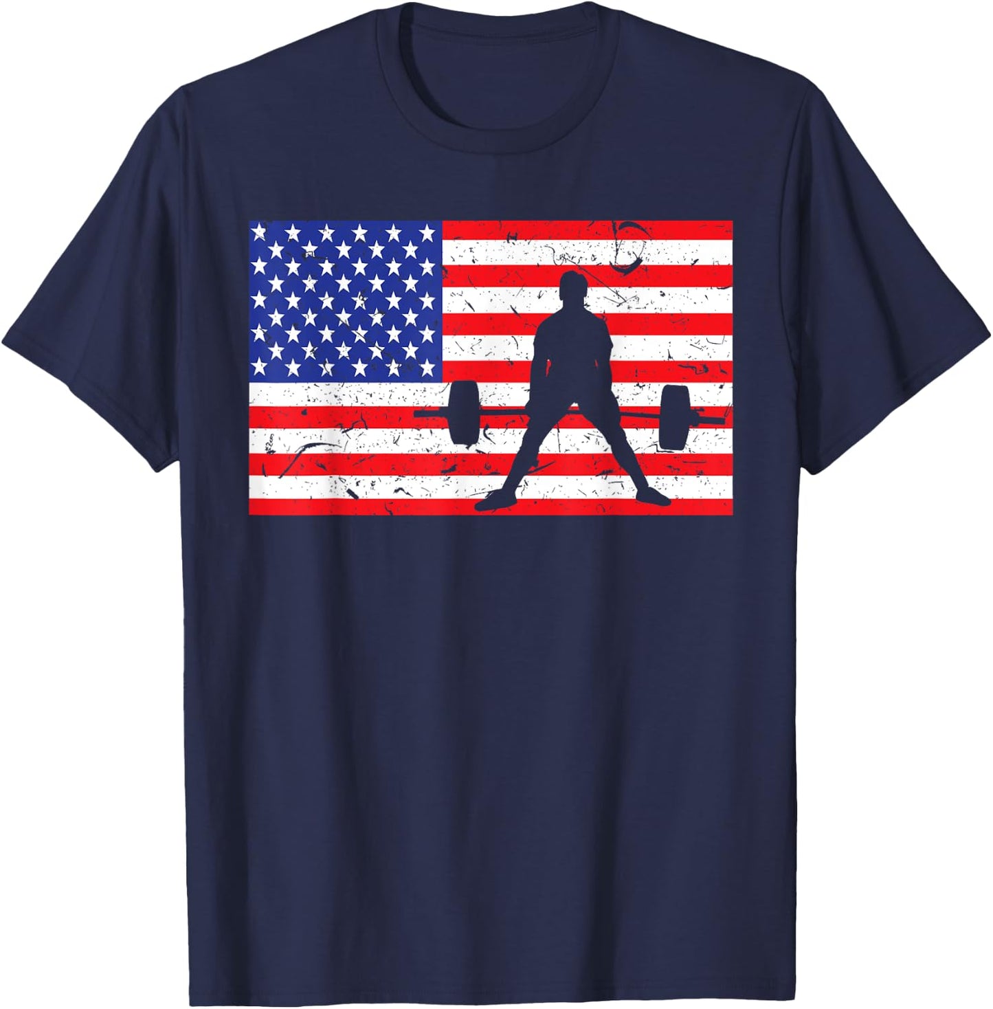 Distressed Powerlifting USA American Flag Vintage Weightlift T-Shirt - T-Shirt | Navy