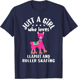 Girls Roller Skating Llama Gift Just A Girl Who Loves Llamas T-Shirt - T-Shirt | Navy